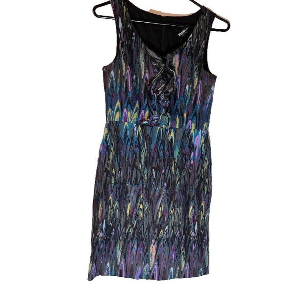 Kensie Sleeveless Dress S Multicolor Print Ruffle Modern Boho Business Casual